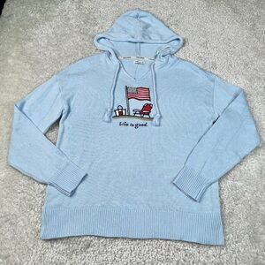 Life Is Good Flag Knit Sweater Hoodie Light Blue